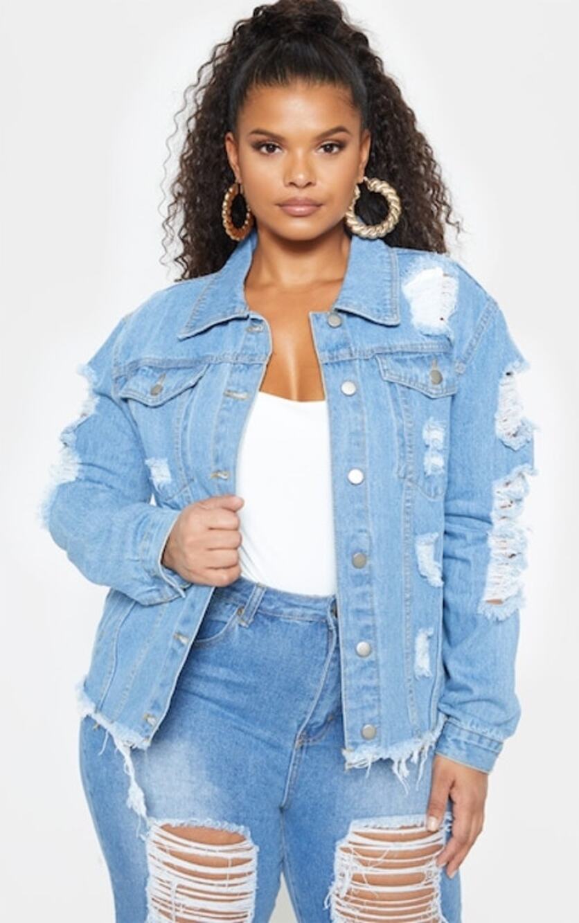 Pretty Little Thing Blue Distressed Destroyed Denim Jean Jacket Women's Size 1X
